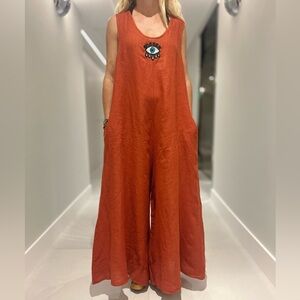 Blanco de Ibiza by Isabel Tavares Rust Orange Jumpsuit with Eye Embroidery